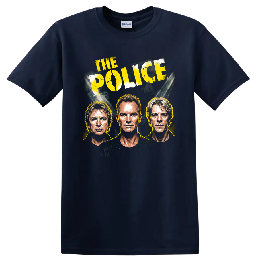 The Police distressed rock portrait graphic with Sting, Summers and Copeland on a Navy (Blue) T Shirt