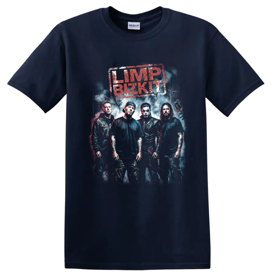 Limp Bizkit band members poster with distressed nu metal graphic lettering on a Navy (Blue) T Shirt