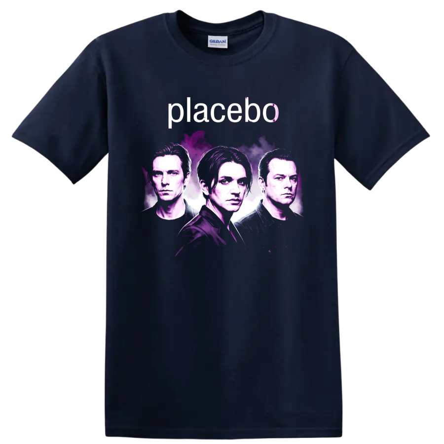 Placebo band portrait graphic with pink and purple paint-splash artwork on a Navy (Blue) T Shirt