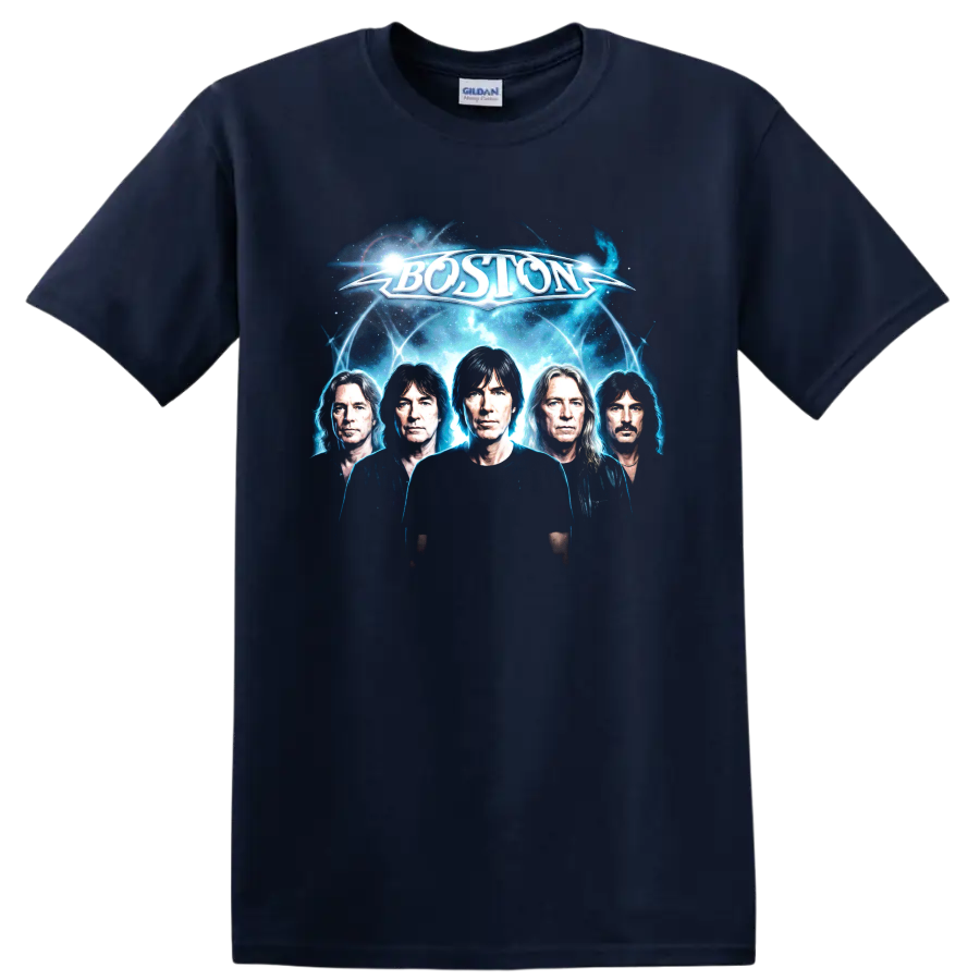 Boston rock band futuristic cosmic portrait with glowing blue energy on a Navy (Blue) T Shirt