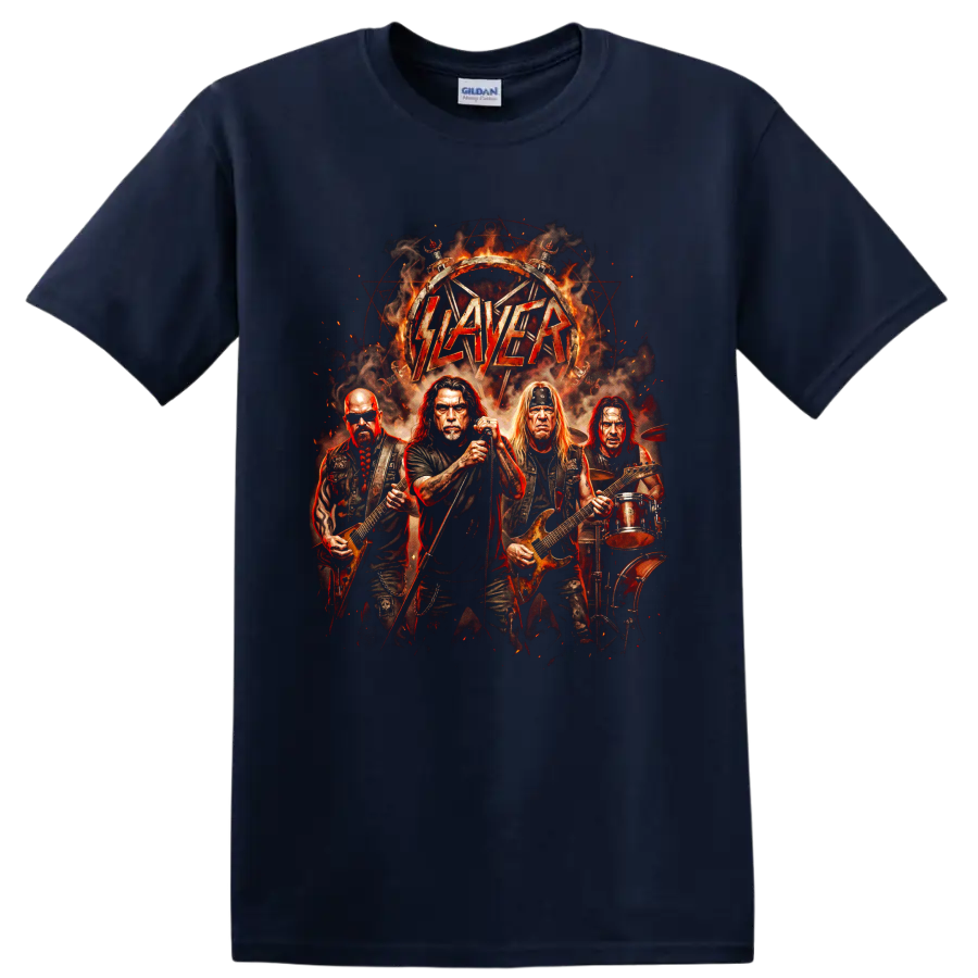 Slayer thrash metal band performing in fiery distressed graphic artwork on a Navy (Blue) T Shirt