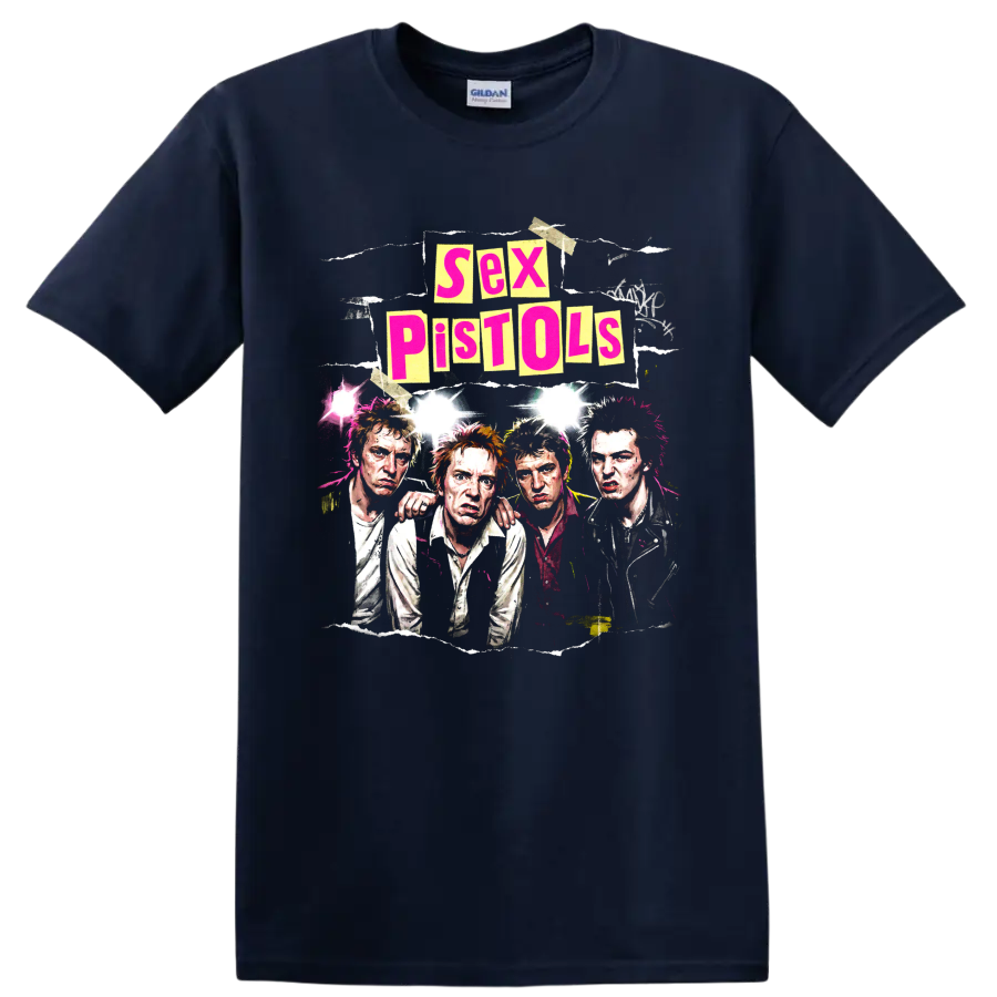 Sex Pistols punk rock band portrait collage with bold distressed lettering on a Navy (Blue) T Shirt