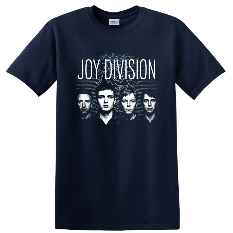 Joy Division post-punk graphic with four monochrome band portraits on a Navy (Blue) T Shirt
