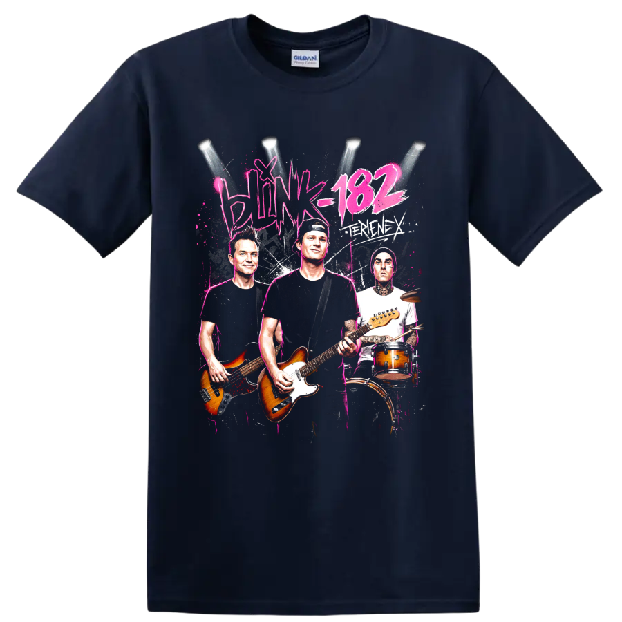 Blink-182 Tom DeLonge rock band graphic with guitars and drummer on a Navy (Blue) T Shirt