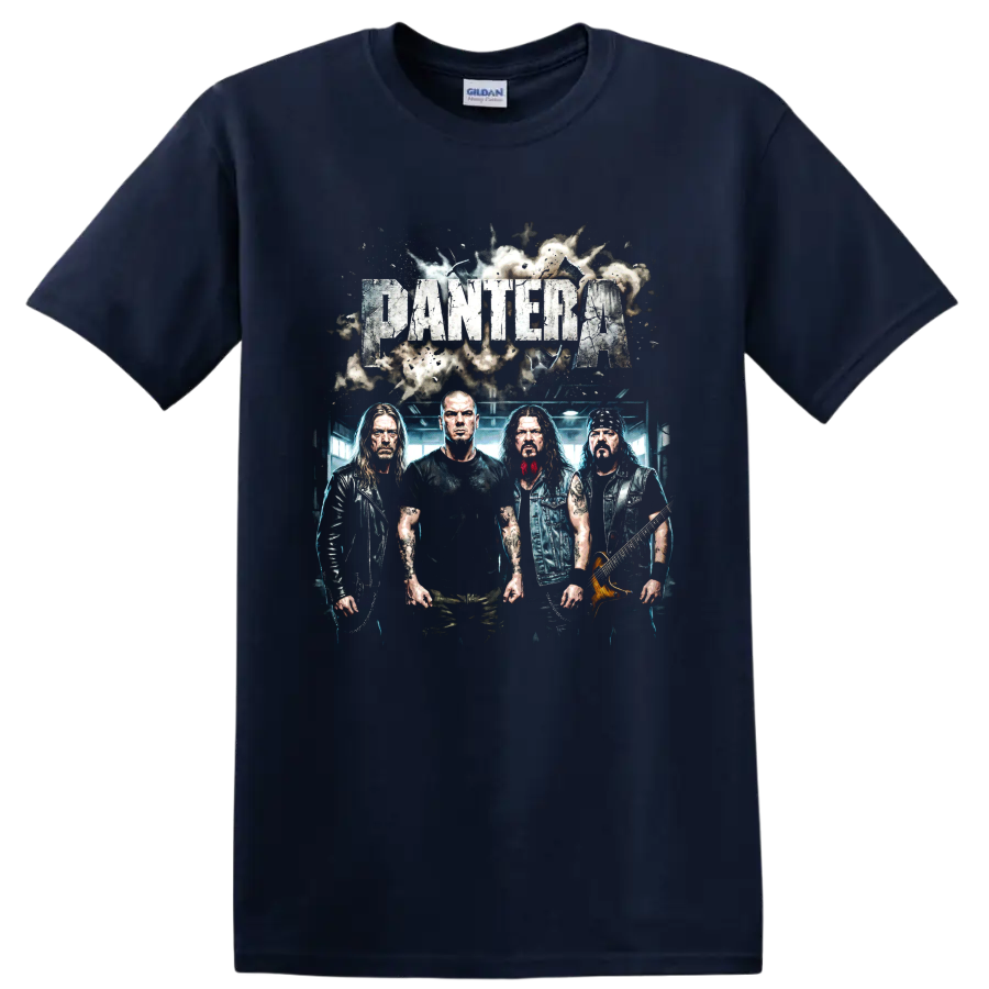 Pantera heavy metal band distressed graphic with four musicians and guitar on a Navy (Blue) T Shirt