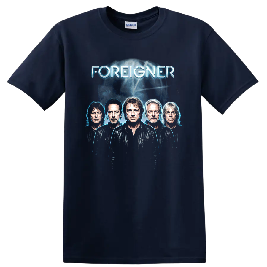 Foreigner classic rock portrait graphic with glowing blue lettering on a Navy (Blue) T Shirt