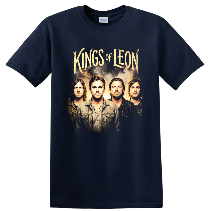 Kings of Leon vintage rock band portrait graphic on a Navy (Blue) T Shirt