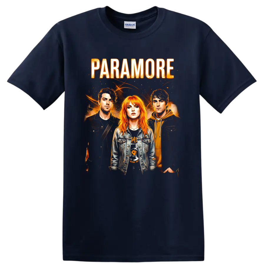 Paramore band portrait graphic with bold lettering and fiery orange concert-poster style on a Navy (Blue) T Shirt