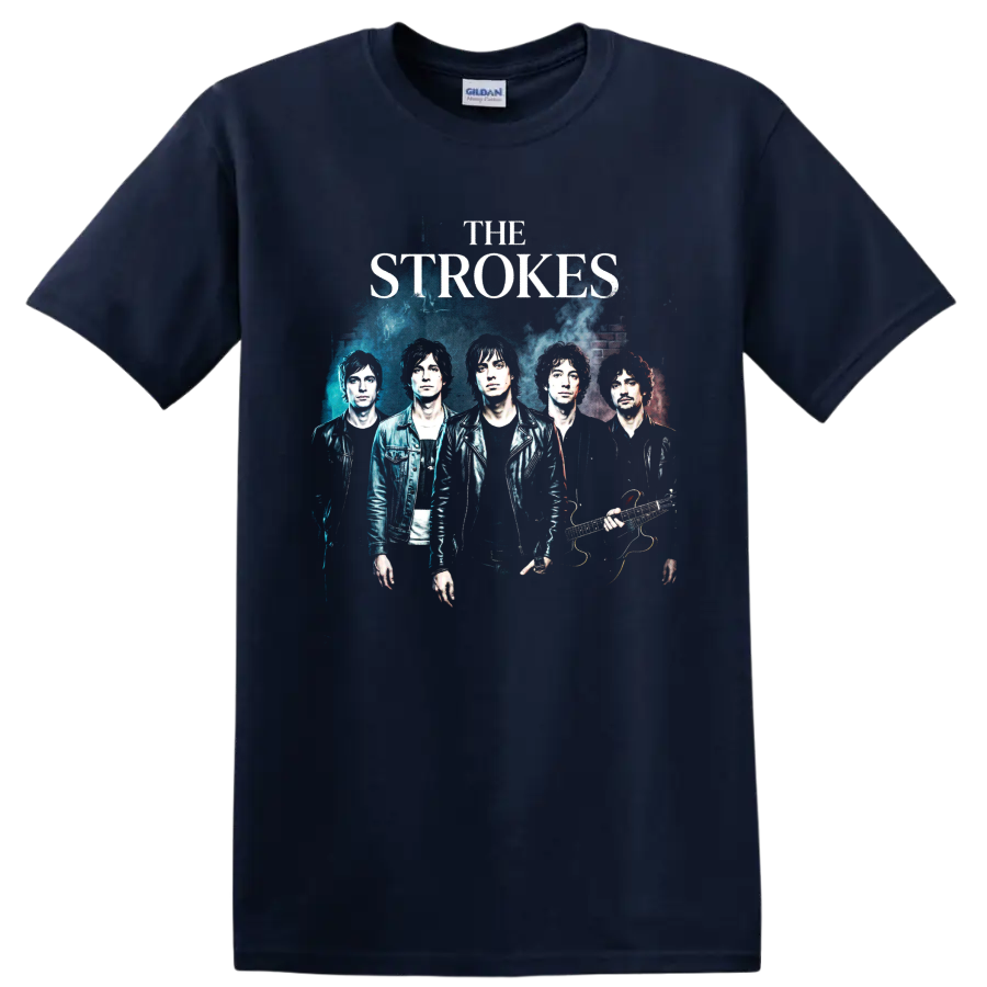 The Strokes distressed indie rock band poster graphic on a Navy (Blue) T Shirt