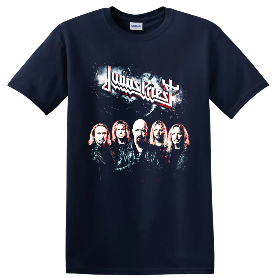 Judas Priest heavy metal band logo and portrait graphic print on a Navy (Blue) T Shirt