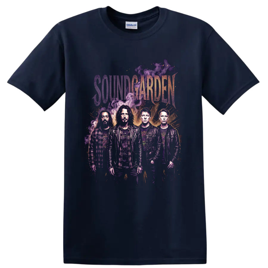 Soundgarden grunge band portrait with purple smoke and distressed lettering on a Navy (Blue) T Shirt