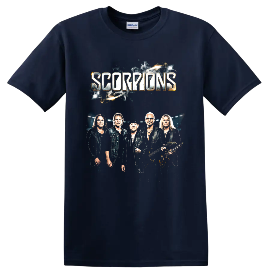 Scorpions band member portrait with guitars and distressed lettering on a Navy (Blue) T Shirt