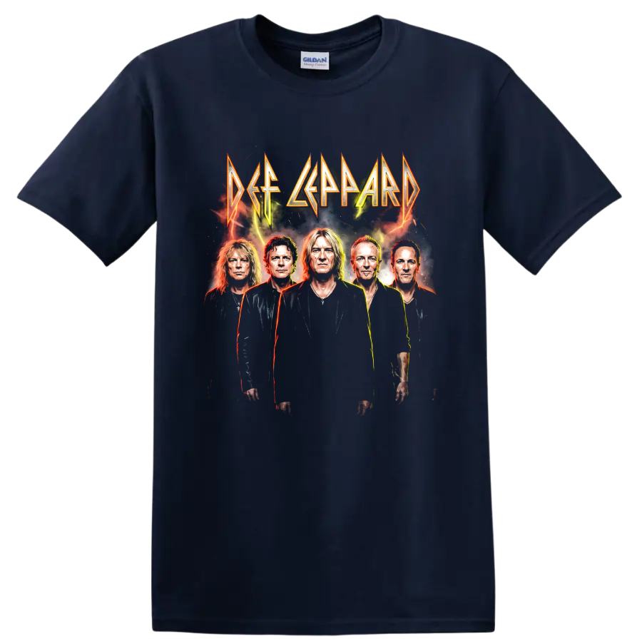 Def Leppard five-member portrait with angular lettering and lightning graphic on a Navy (Blue) T Shirt