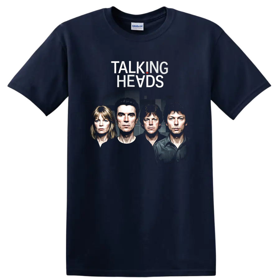 Talking Heads rock poster art with four illustrated portraits on a Navy (Blue) T Shirt