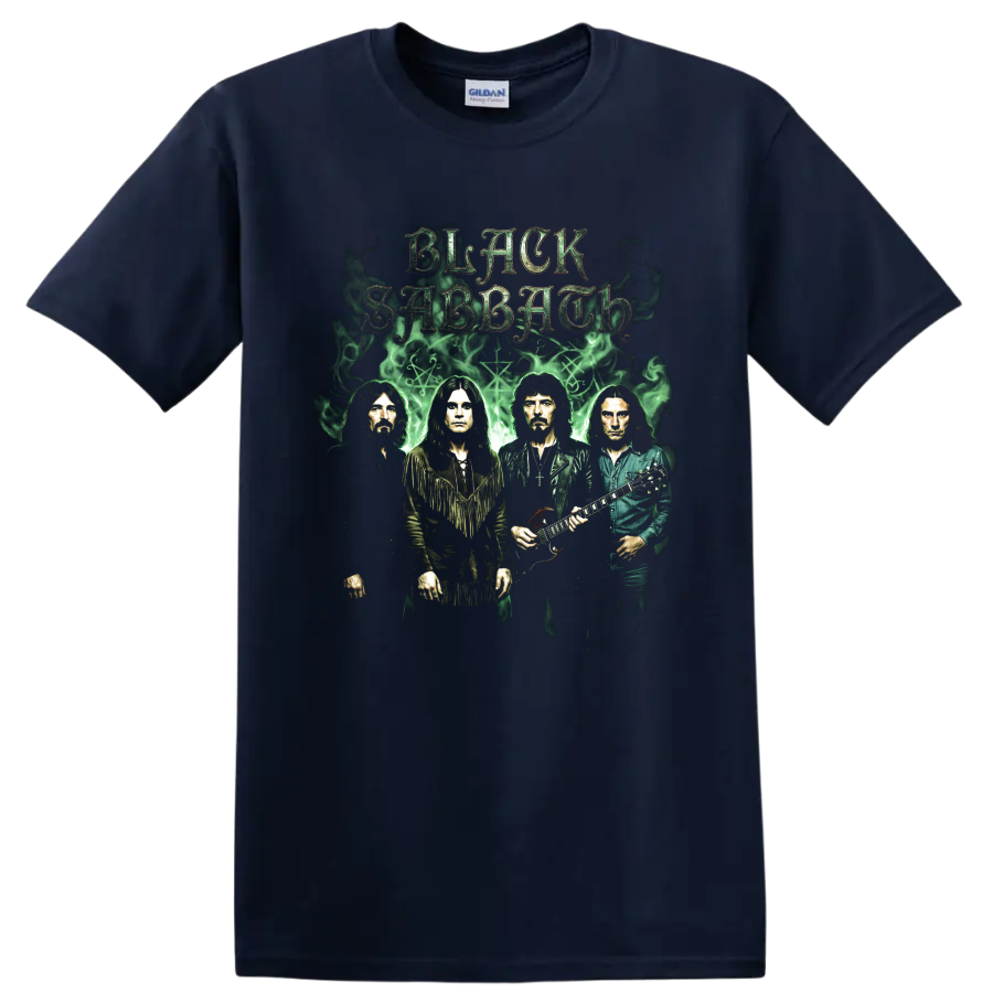 Black Sabbath band portraits with gothic lettering and green smoke on a Navy (Blue) T Shirt