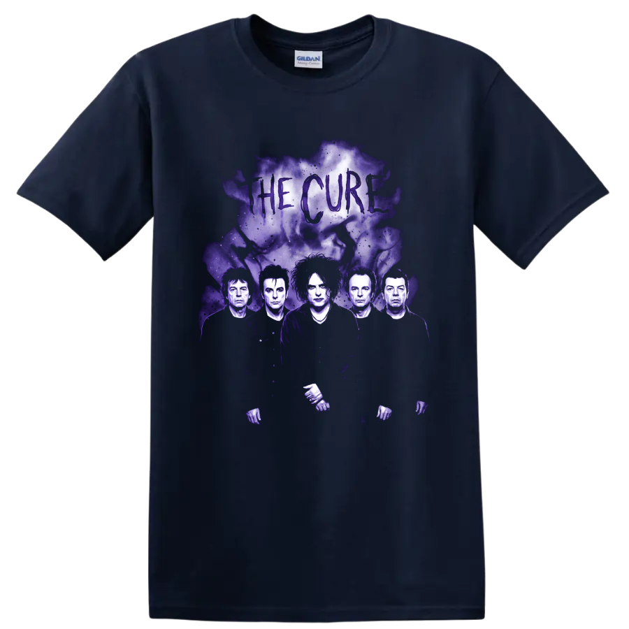 The Cure Robert Smith gothic rock band portrait with purple smoke on a Navy (Blue) T Shirt