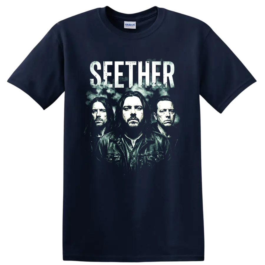 Seether alternative rock band portrait graphic with distressed SEETHER text on a Navy (Blue) T Shirt