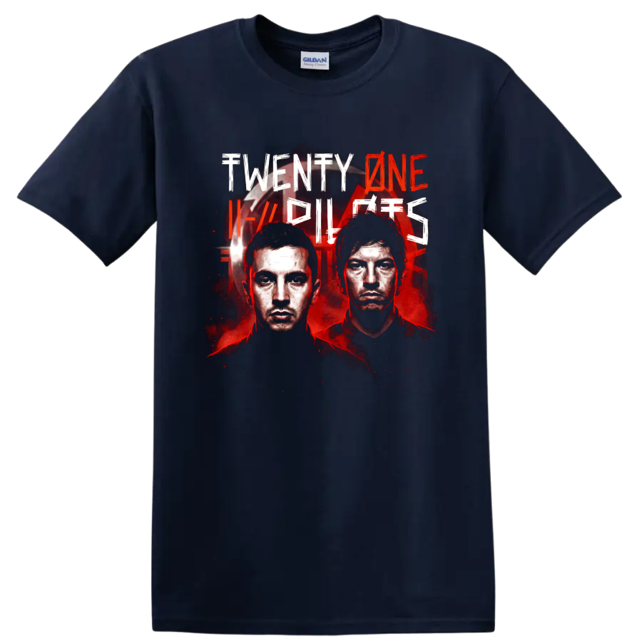 Twenty One Pilots alternative rock poster graphic with two illustrated portraits on a Navy (Blue) T Shirt