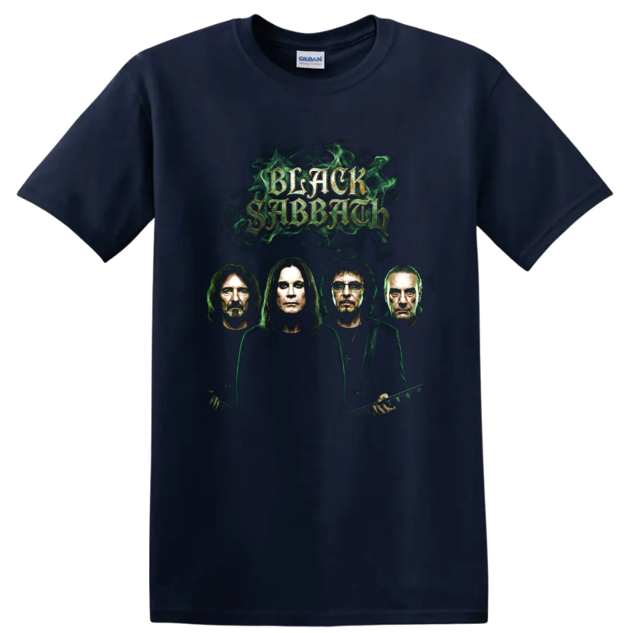 Black Sabbath Bloody Sabbath-inspired gothic band portrait graphic with green smoke on a Navy (Blue) T Shirt