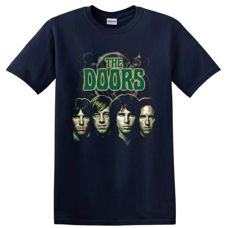 The Doors psychedelic rock graphic with four portraits and smoke on a Navy (Blue) T Shirt