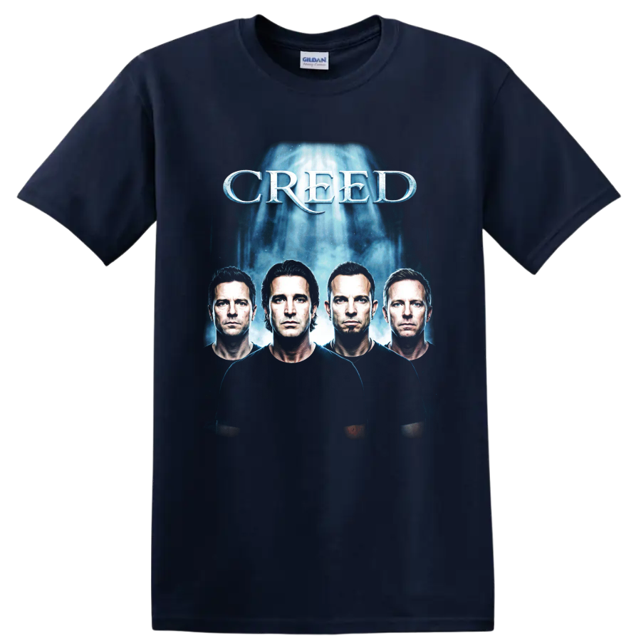 Creed post-grunge band portrait graphic with bold white lettering on a Navy (Blue) T Shirt