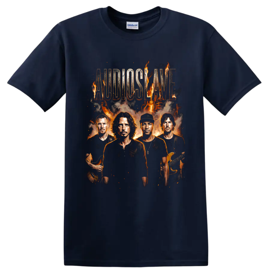 Audioslave rock band portrait graphic with flames, guitars, and distressed lettering on a Navy (Blue) T Shirt
