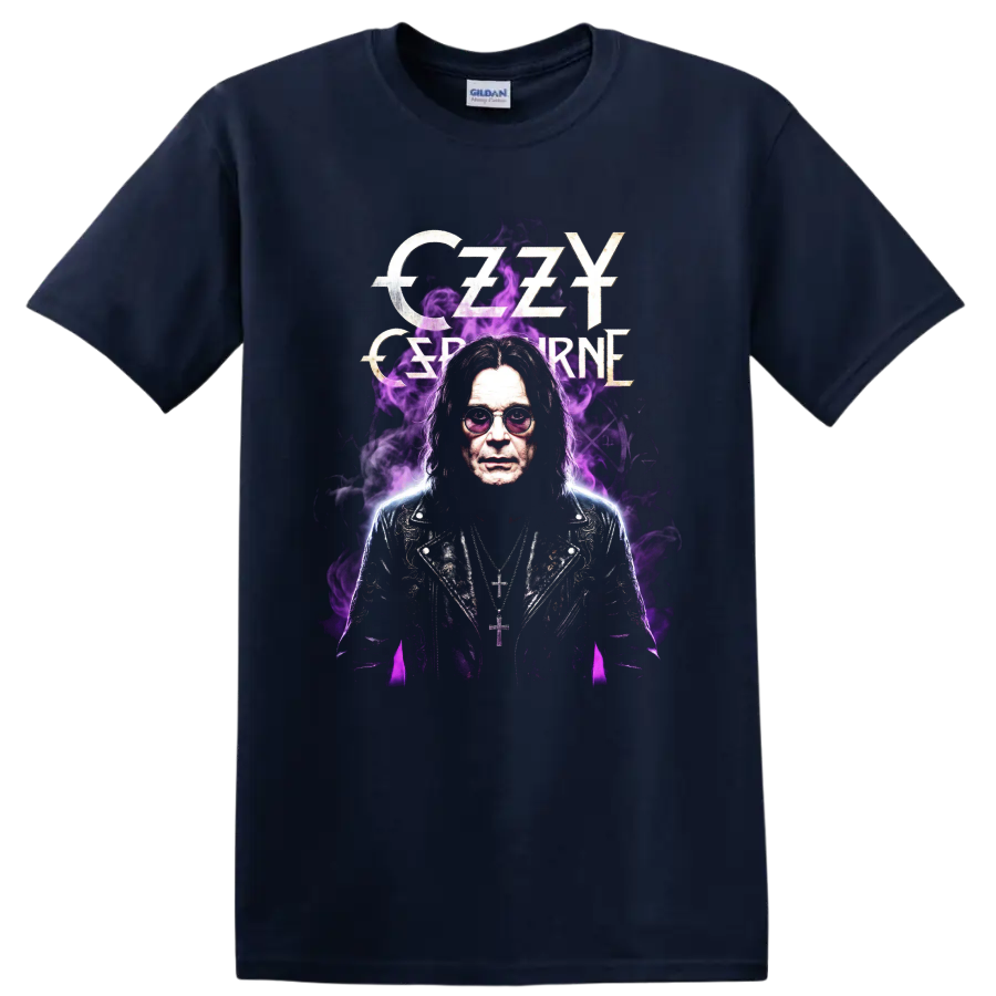 Ozzy Osbourne Black Sabbath portrait with purple smoke and gothic lettering on a Navy (Blue) T Shirt