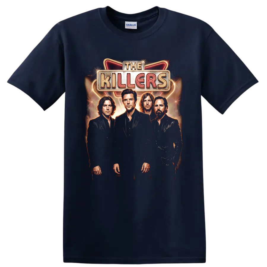 The Killers Battle Born neon marquee band portrait graphic on a Navy (Blue) T Shirt