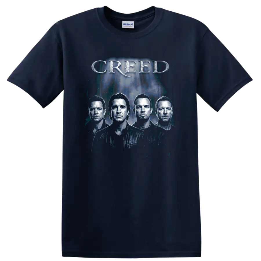 Creed band portrait graphic with metallic CREED lettering on a Navy (Blue) T Shirt