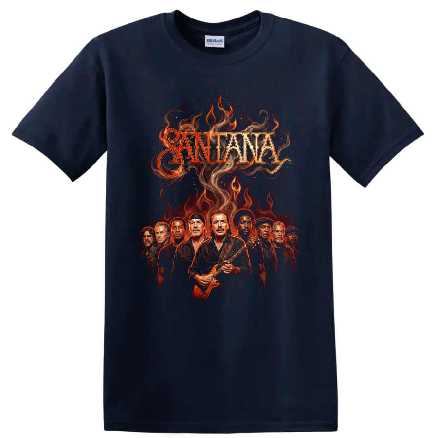 Santana Carlos Santana fiery Latin rock guitar performance graphic on a Navy (Blue) T Shirt