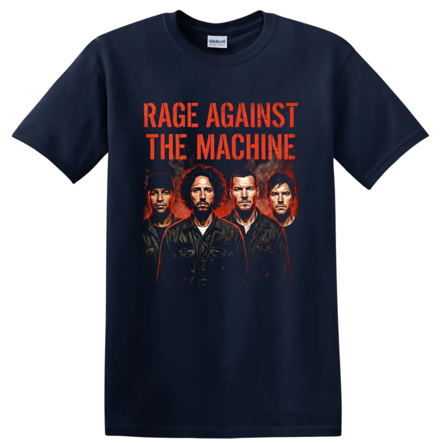 Rage Against the Machine vintage 1999 poster with four portraits and red text on a Navy (Blue) T Shirt