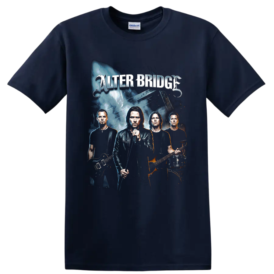 Alter Bridge band portrait rock graphic with vocalist and guitars on a Navy (Blue) T Shirt