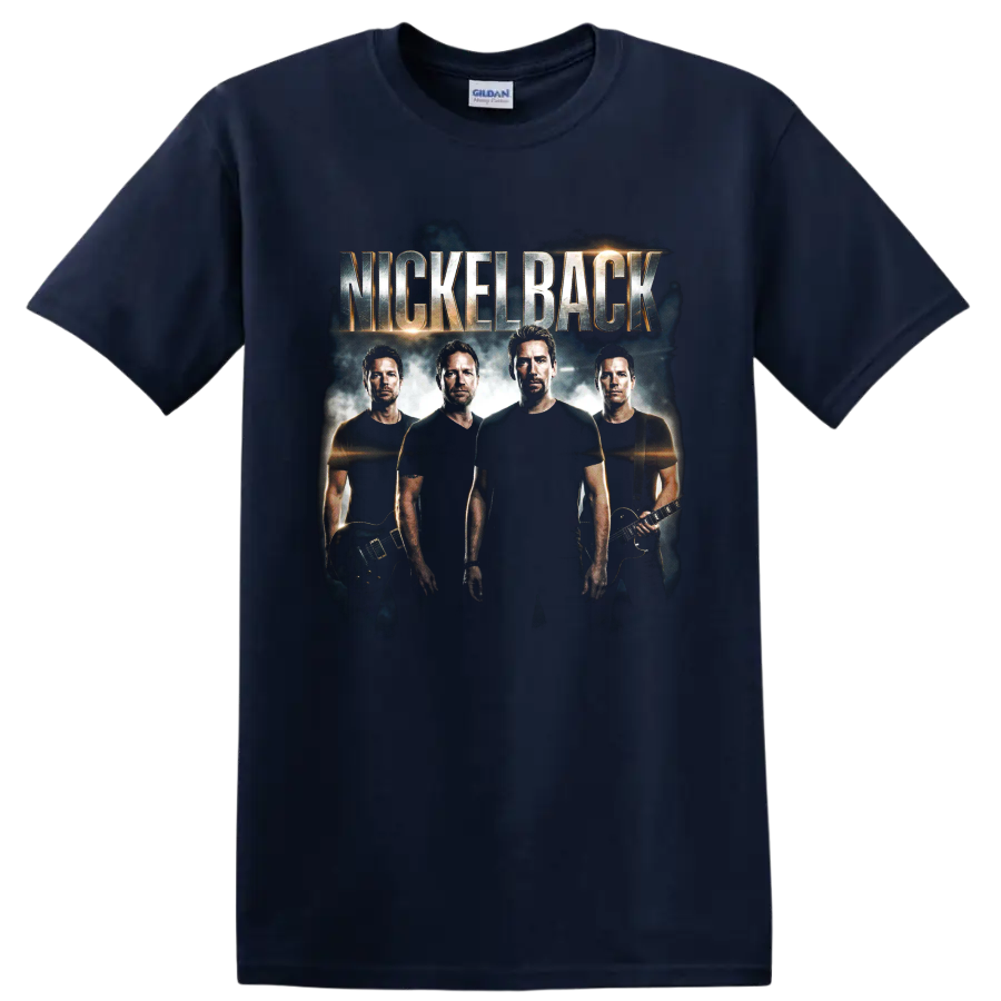 Ryan Peake Nickelback rock band portrait with guitars and NICKELBACK text on a Navy (Blue) T Shirt