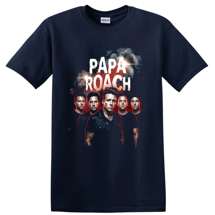Papa Roach distressed rock band portrait graphic with bold lettering on a Navy (Blue) T Shirt