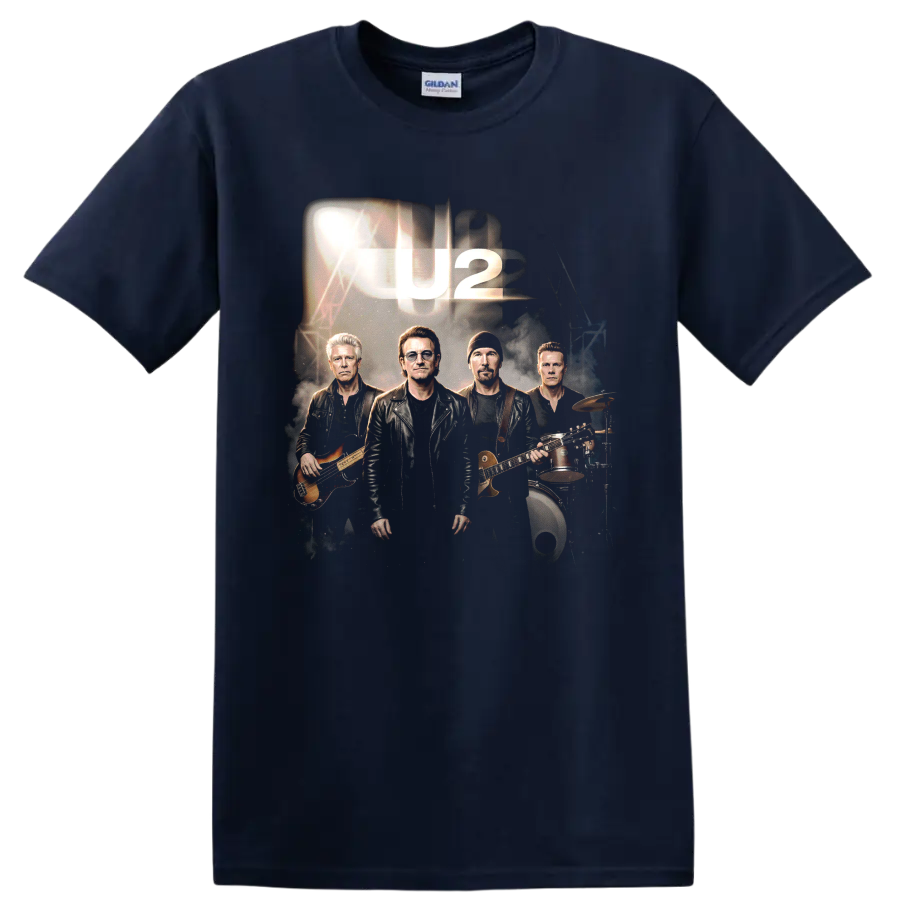 U2 Bono band portrait graphic with guitar, bass, drums, and U2 lettering on a Navy (Blue) T Shirt
