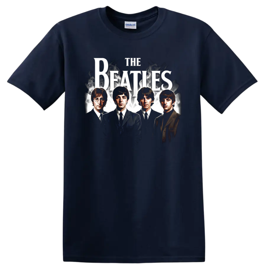 The Beatles classic rock portrait graphic with bold distressed lettering on a Navy (Blue) T Shirt
