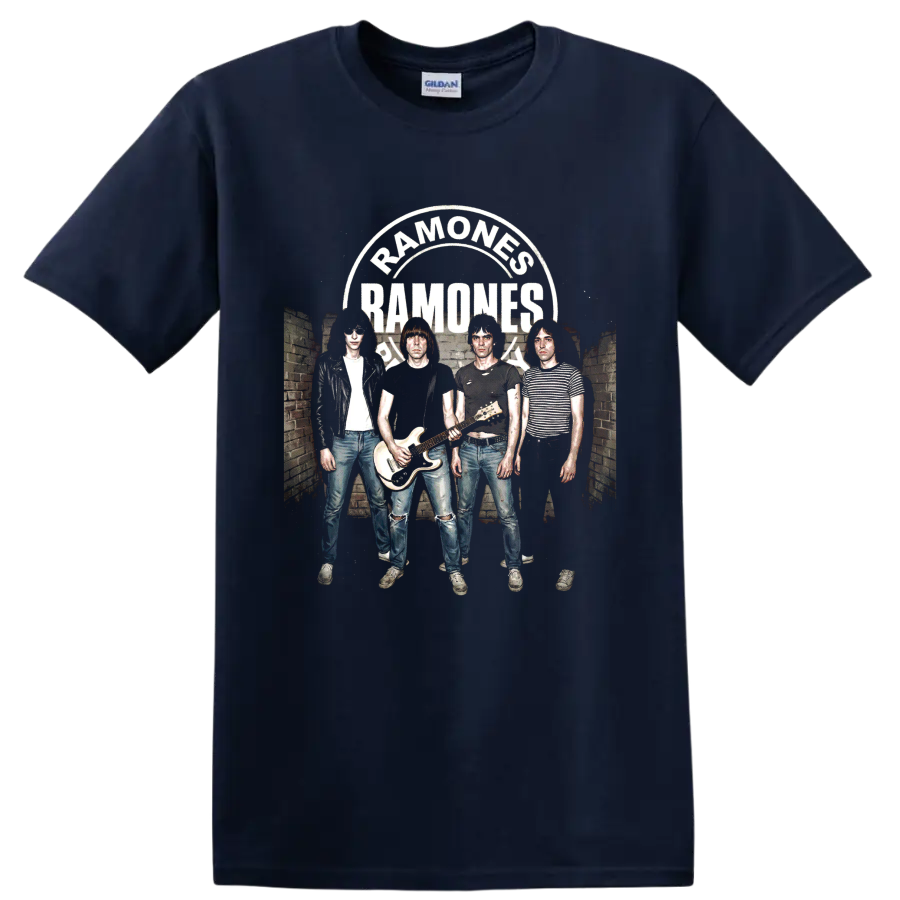 Ramones Road to Ruin distressed punk rock band graphic with arched lettering on a Navy (Blue) T Shirt