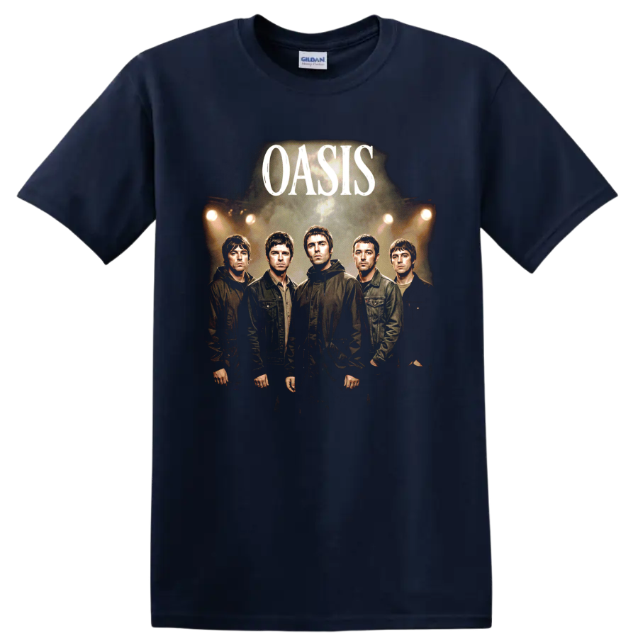 Oasis band portrait graphic with bold Oasis text and concert lighting on a Navy (Blue) T Shirt
