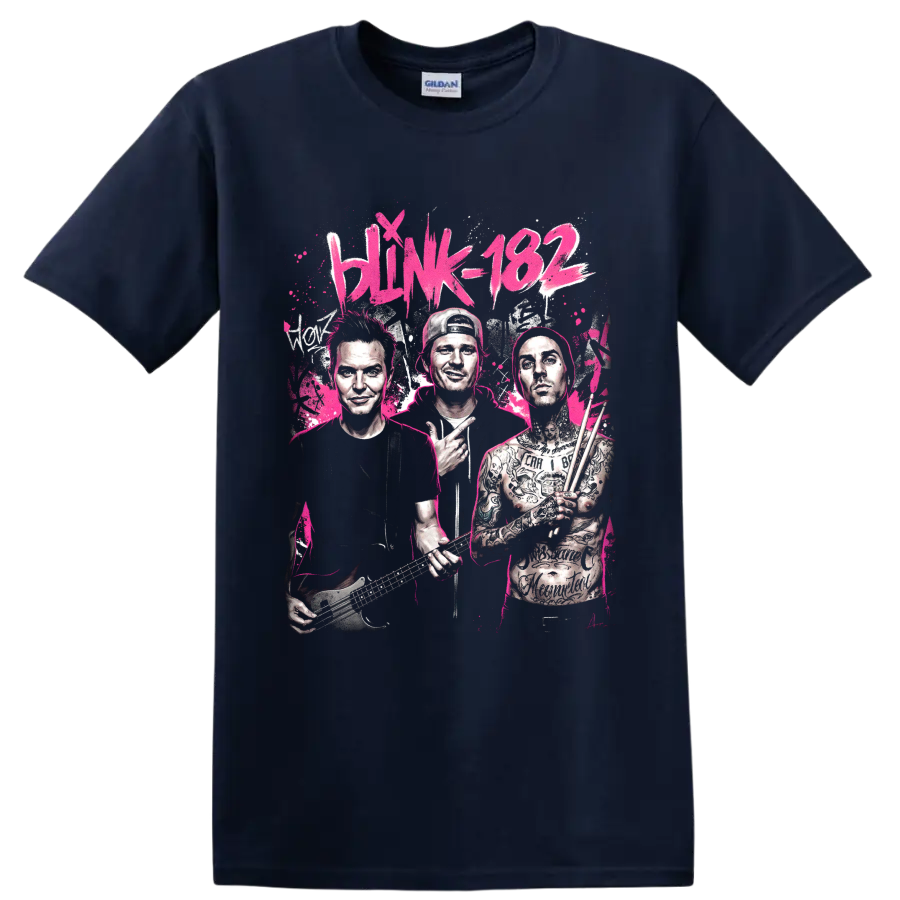 Blink-182 Mark Hoppus, Tom DeLonge and Travis Barker pop art graphic print on a Navy (Blue) T Shirt