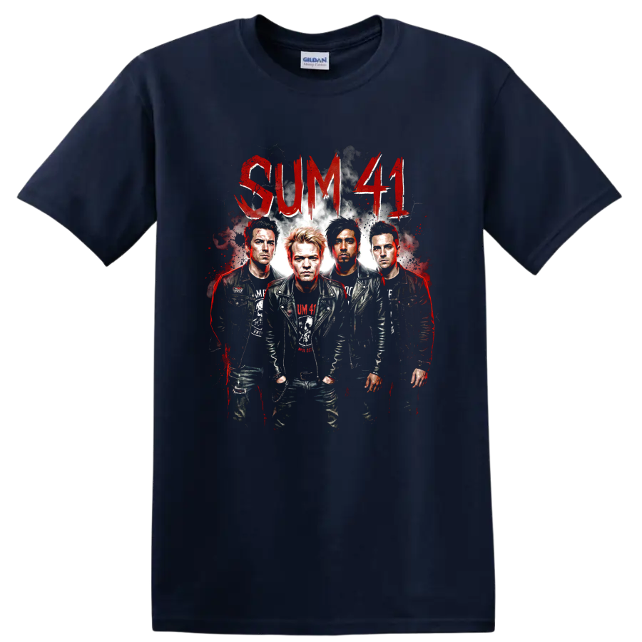 Sum 41 distressed punk rock band portrait with red lettering on a Navy (Blue) T Shirt