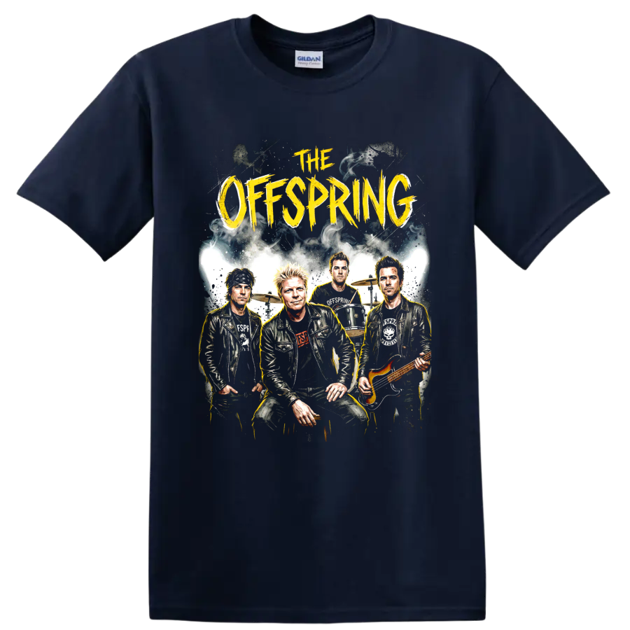 The Offspring punk rock band portrait graphic with yellow lettering on a Navy (Blue) T Shirt