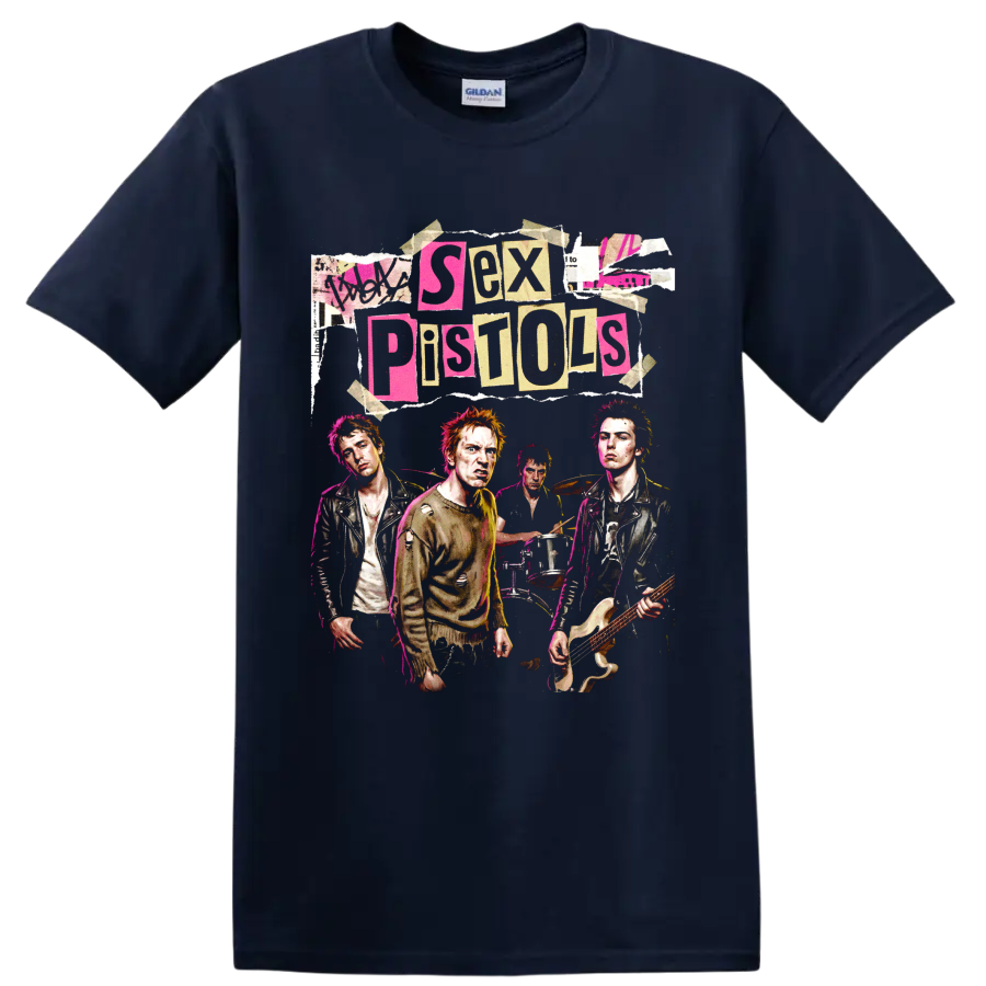 Sex Pistols distressed punk band collage graphic with torn-paper lettering on a Navy (Blue) T Shirt