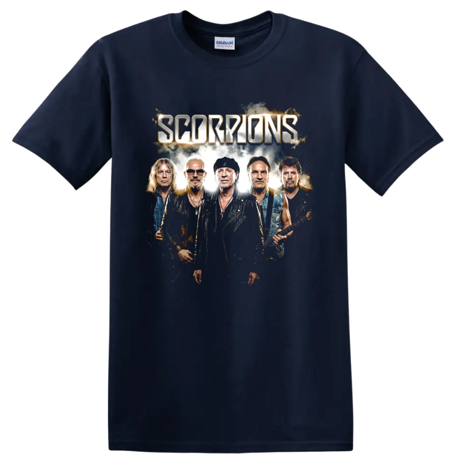Scorpions band portrait with metallic lettering and electric guitars on a Navy (Blue) T Shirt