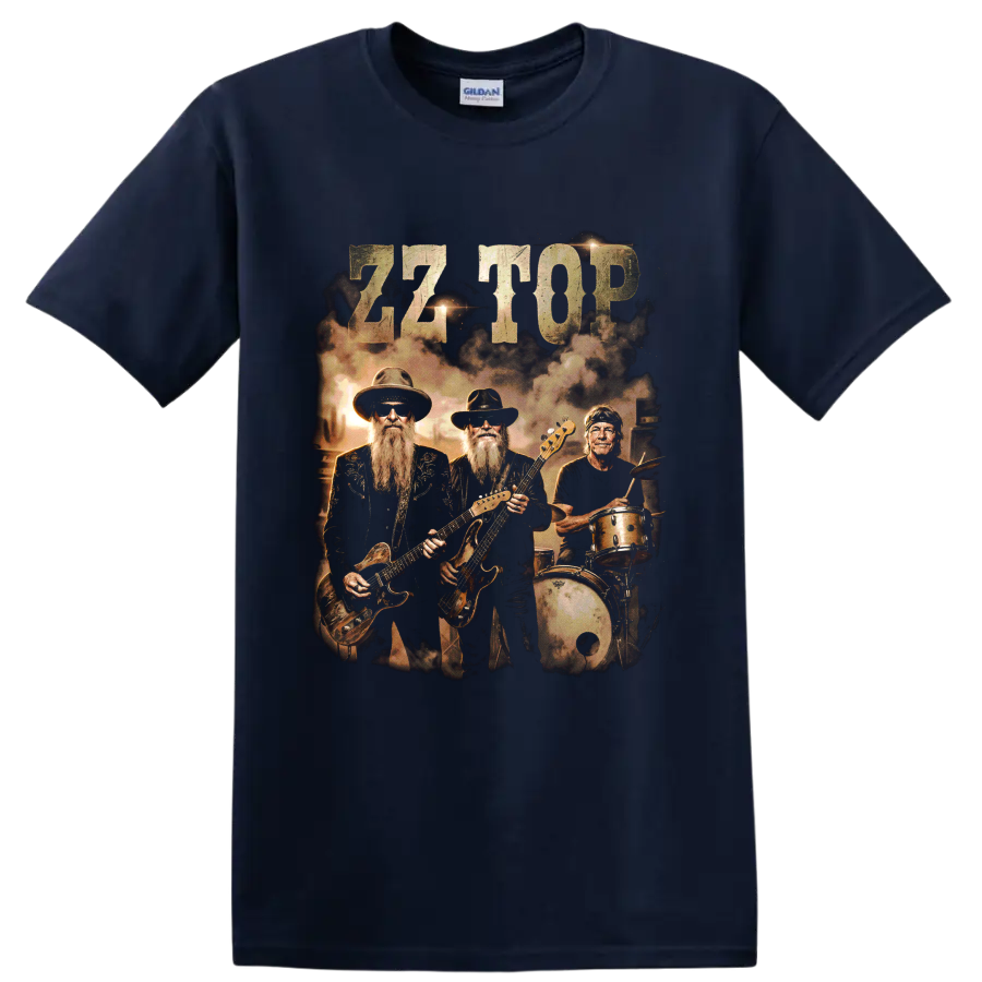 ZZ Top classic lineup vintage rock band graphic with guitars and drums on a Navy (Blue) T Shirt