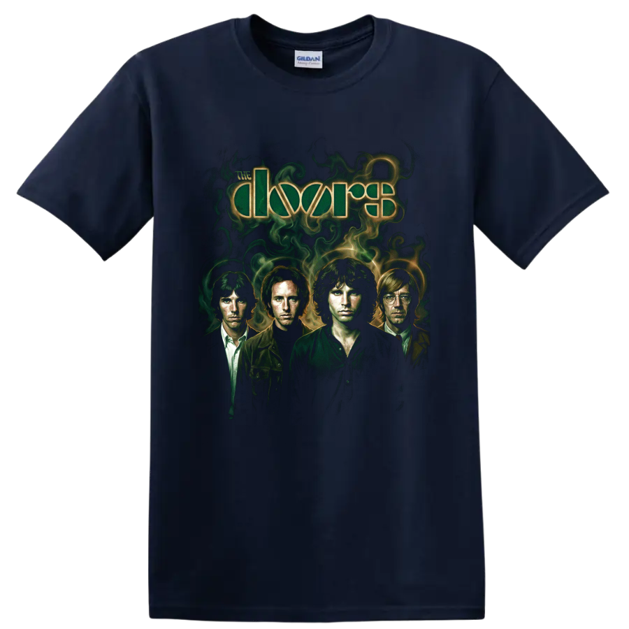 The Doors band portrait with psychedelic green smoke and logo lettering on a Navy (Blue) T Shirt