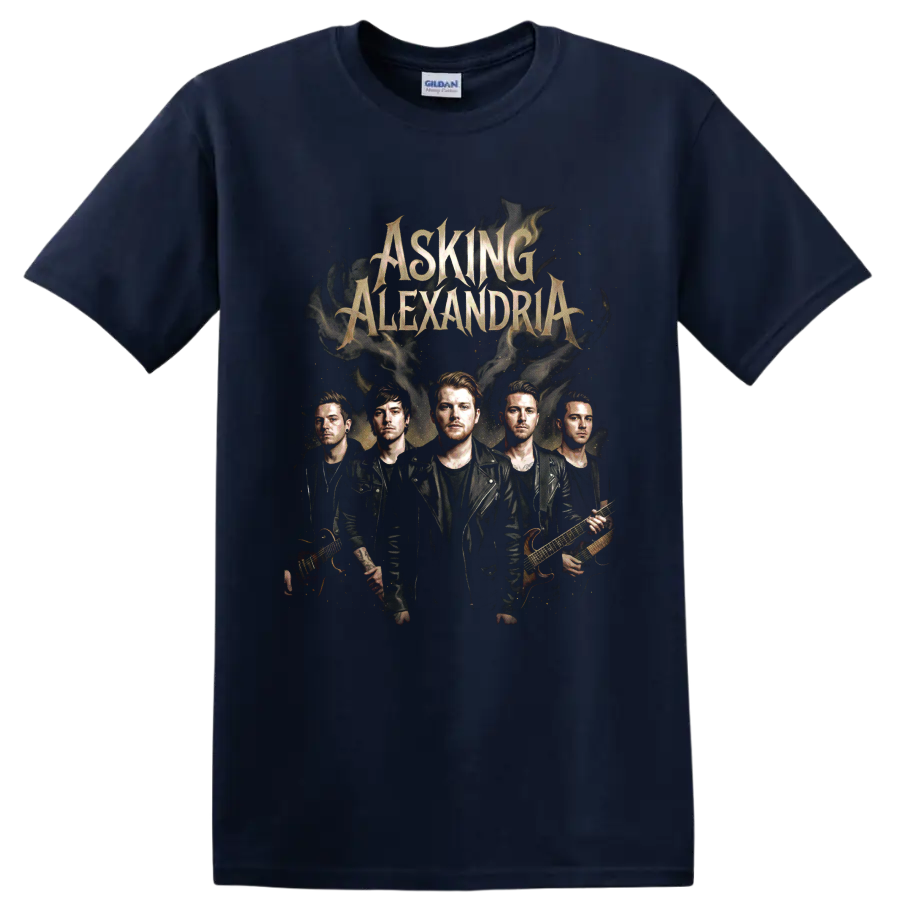 Asking Alexandria band portrait with gothic lettering and smoky rock artwork on a Navy (Blue) T Shirt