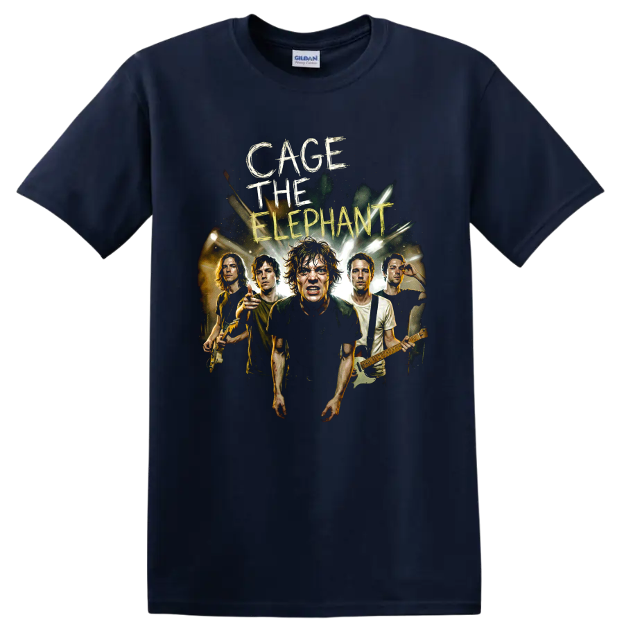 Cage the Elephant band poster with musicians, guitars, and stage lights on a Navy (Blue) T Shirt