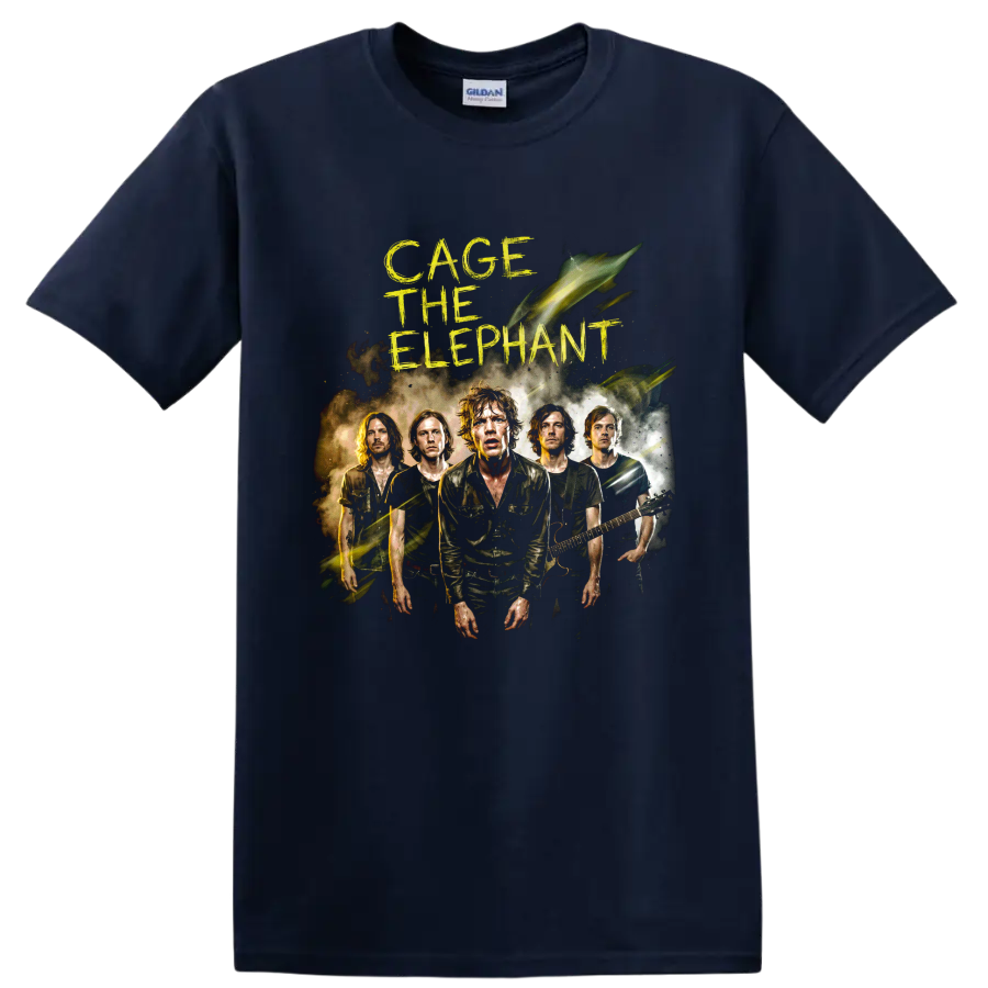 Cage the Elephant indie rock band portrait with distressed yellow lettering on a Navy (Blue) T Shirt