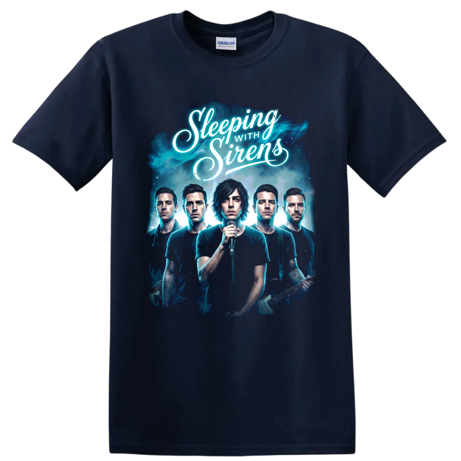 Sleeping With Sirens post-hardcore band portrait graphic with script lettering on a Navy (Blue) T Shirt