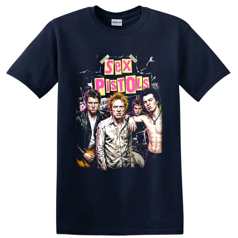 Sex Pistols punk rock collage graphic with band portraits and poster lettering on a Navy (Blue) T Shirt